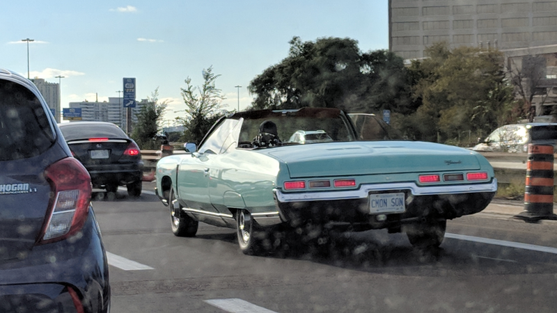 Plate says “CMON SON”, as we inch forward in bumper to bumper traffic.